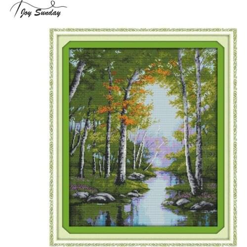 Joy Sunday The Stream Autumn Landscape Painting Cross Stitch Kits 14ct 11ct DMC Embroidery Kit Printed on Canvas DIY Needlework