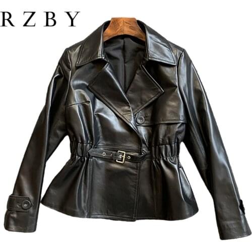 Natural 100% Sheepskin Jaqueta De Couro Feminina Genunie Leather Women Jacket With Belt Real куртка кожаная жеская RZBY602