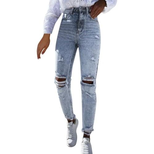 Fashion Women Jeans Denim Hole Female High Waist Stretch Slim Sexy Pencil Pants Slim High Waist Pencil Trousers Elegant Lady