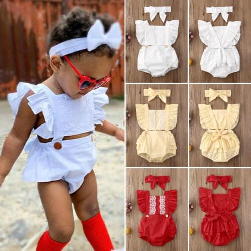 Pudcoco Newborn Baby Girl Clothes Solid Color Lace Ruffle Sleeveless Romper Jumpsuit Headband 2Pcs Outfits Sunsuit Clothes