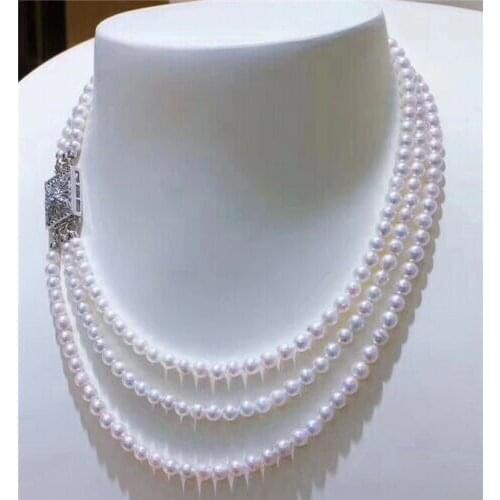 3 strand 6-7mm White Freshwater Pearl Necklace 18" 925 Silver Flower clasp
