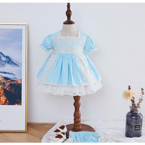 2PCS Toddler Lolita Princess Dress Infant Spanish Short Sleeve Frocks Bady Girls Birthday Party Bow Lace Gown Dresses For Child