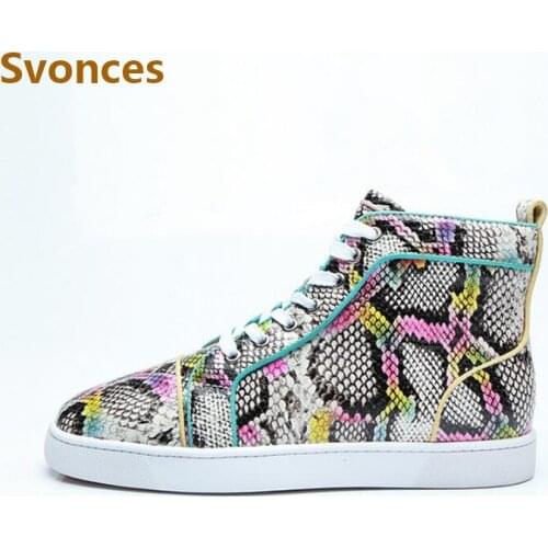 Unisex Casual Boots Luxury Designer Shoes Colorful Red High Top Bottom Serpentine Flats Sneakers Fashion Lace Up Brand Shoes Men