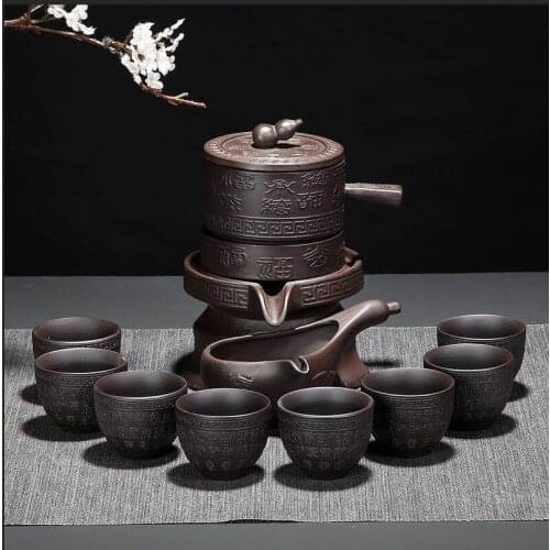 Relief Three Gods of Fortune, Prosperity And Longevity Clay Automatic Kung Fu Tea Set Household Ceramic Creative Spinning Stone