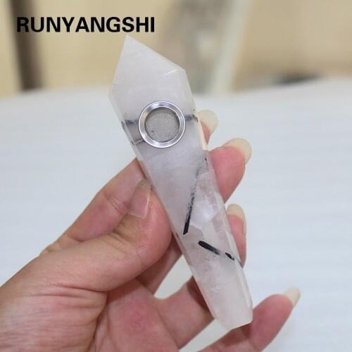 Runyangshi 1pcs Natural Black Hair Quartz Jet stone Crystal Smoking Pipe For Tobacco