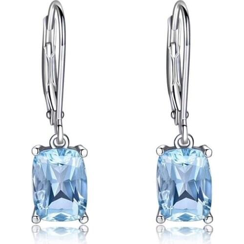 Chic Silver Sparkling Princess Cut Aquamarine Dangle Drop Leverback Earrings for Women Birthday Jewelry