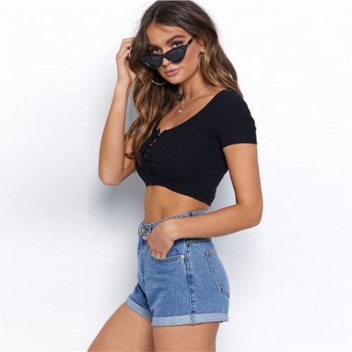 Hirigin New Summer Fashion Women Sexy V-Neck Buttons Tops Short Sleeve Crop Top Slim Fitted High Waist Base Shirts