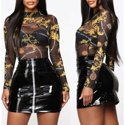 Hot Women Sexy Perspective Floral Long Sleeve Tops Autumn Winter Casual Crew Neck Mesh Transparent Tee Top