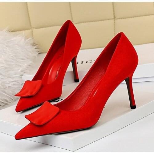 BIGTREE Luxury Women Wedding Shoes High Heels Square Buckle Flock Woman Pumps Pointed Toe Party Shoes Thin Heels New Arrival