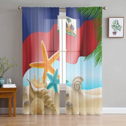 Haiti Flag Day Beach Starfish And Shells Tulle Curtain Voile Transparent for Bedroom Living Room Kitchen Sheer Window Curtains