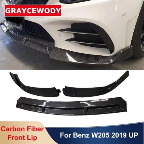 W205 3 pcs Real Carbon Fiber Front Shovel Bumper Lip Spoiler Diffuser Splitter For Benz W205 C180 C260 C300 Sport Car 2019 UP
