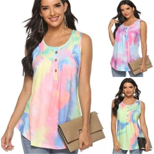 T shirt women Summer 2020 new womens V-neck top Buttoned gradient tie-dye loose sleeveless top T-shirt womens T-shirts Leisure