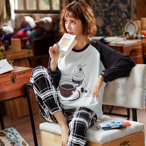 2 Piece Sets Women Cup Print Homewear Casual Tshirt Plaid Long Pants Full Pure Cotton Tracksuits Sleepwear Pajamas Lounge Wear