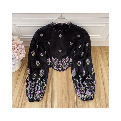 Women Linen Top Shorts Suit 2021 Spring Summer Female O-Neck Lantern Sleeve Empire Waist Short Top Linen Floral Embroidery New