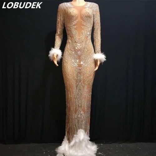 Female Elastic Mesh Feather Nude Long Sleeve Wrap Hip Dress Wedding Evening Perspective Long Dress Singer Host Catwalk Dresses