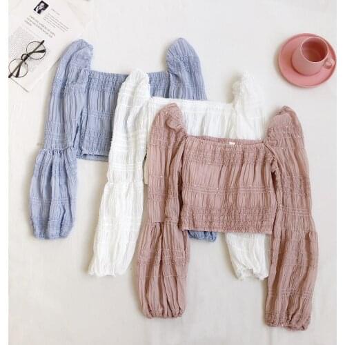 2021 Autumn Women Puff Sleeve Square Collar Basic Ruffles Chiffon Shirt Lady Sexy Short Elastic Slim Pullover Chic Blouse Tops