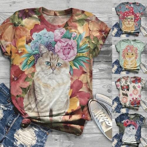 2021 Women Retro Loose Tops Fashion Tops Plus Size Short Sleeve 3d Animal Printed Tee T-shirt HNMCHIEF Cartoon Top Cat