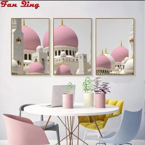 DIY 5D Diamond Painting Triptych Pink Castle Cross Stitch Kits Mosaic Rhinestone Embroidery By Numbers Home Decor