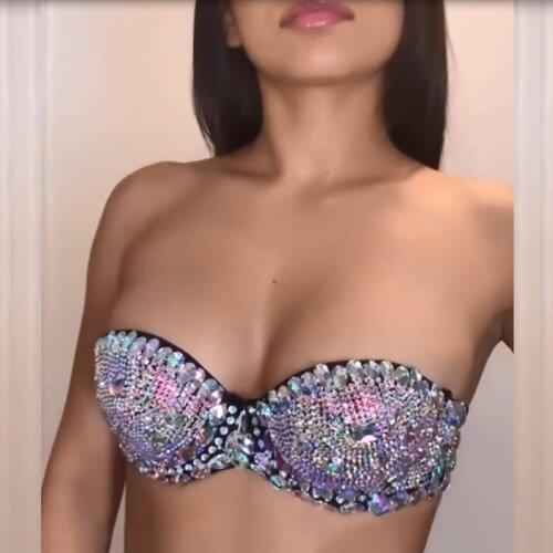 Shiny Rhinestones Bra Sexy Women Lingerie Bikini Bra 2019 Summer Beach Bikini Top Bling Big Gems Bralette For Lady