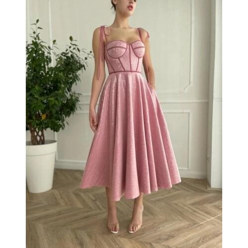 BridalAffair Glitter Pink Lace A Line Prom Dresses Sexy Spagnhetti Straps Backless Sparkly 2021 Evening Party Gowns With Pockets