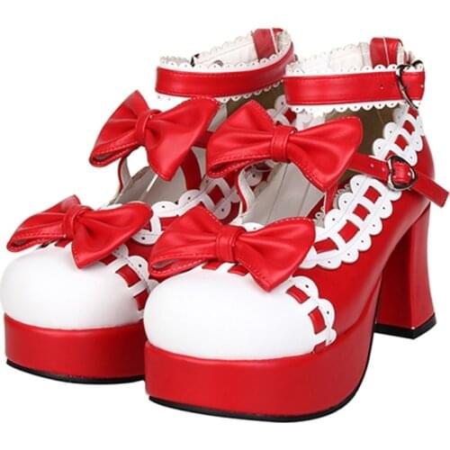 Female Spring Anime Maid Cosplay Lolita Sandals Womens Heeled Shoes Vintage Bow High Heels Leather Princess Platform Shoe
