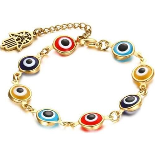 Stainless Steel Gold Turkey Rainbow Eyes Hip Hop Religious Rosary Bracelet Bangle Women Delicate Jewelry Gift For Him