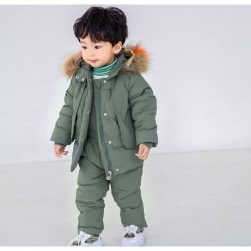 Kids Baby Winter Warm Clothes Sets Toddler Hodded Down Jacket Coat+Overall Rompers 2Pcs Suits Boys Girls Outfits