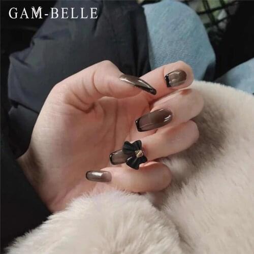 GAM-BELLE Black Long Ballerina Fake Nails With 3D Bow Design Ballerina Full Artificial Nail Art Tips Wedding Nail Art Decoration