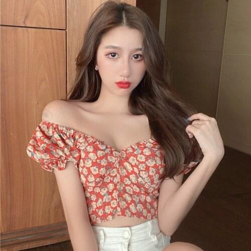 Harajuku Floral Print V-Neck Women Blouse Sweet Short Sleeve Chiffon Short Blouse Top