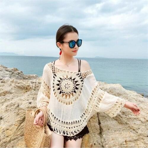 Korean Solid Shirt Women Blouse Summer Womens Tops Blouses Bikini Beach Cover Up Handmade Crochet Patchwork Blusas Swimsuit