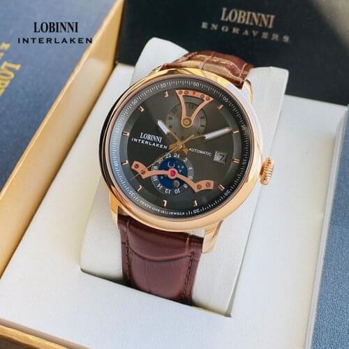 LOBINNI Men Automatic Mechanical Watches Steel Case Brown Leather Strap Watches Calendar Waterproof Watch Relogio Masculino