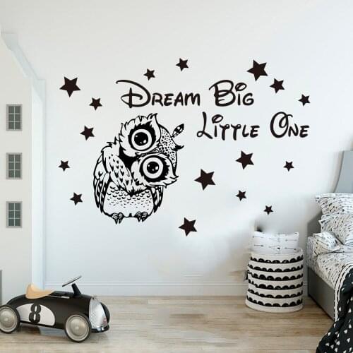 Cartoon Owl Dream Big Little One Star Wall Sticker Kids Room Playroom Bird Inspirational Quote Wall Decal Vinyl Decor