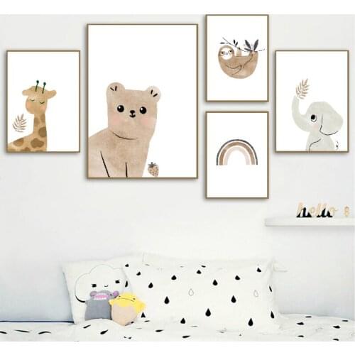 Cartoon Bear Elephant Giraffe Sloth Sun Rainbow Nordic Posters And Prints Wall Art Canvas Painting Wall Pictures Kids Room Decor