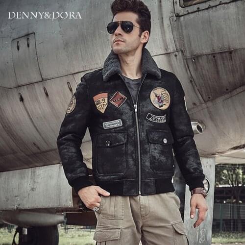 Mens Sheepskin Shearling Aviator Fur Jacket Short Leather Coat Lambs Fur Outerwear Handsome Motorcycle Jacket