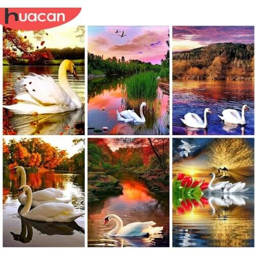 HUACAN DIY Diamond Painting Kit Swan Full Square/Round Diamond Embroidery Cross Stitch Animal Mosaic Sunset Wall Art