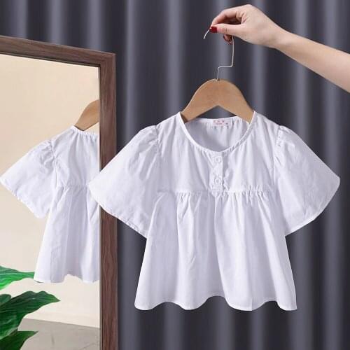 New Kids Shirts Summer Toddler Girl Short Sleeve Tops Blouses Baby Shirt Infant Children Cotton Clothing White Blue