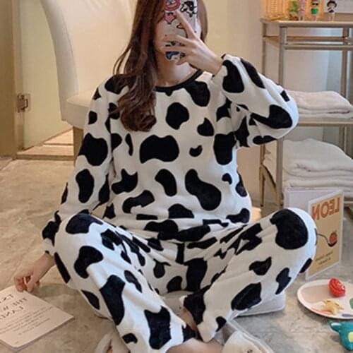 Kawaii Cow and Duck Print Fall Winter Warm Flannel Women Pyjamas Sets Thick Coral Velvet Long Sleeve Sleepwear Pajamas Set Girl