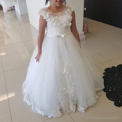Flower Girl Dresses for Wedding Applique Lace Tulle Scoop Neck Girls First Communion Dress Buttons Back