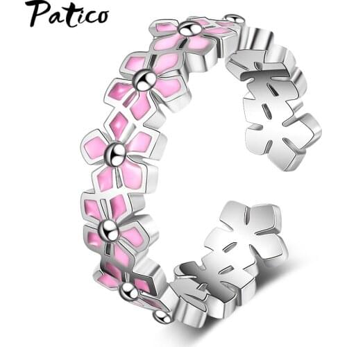 Adjustable Women 925 Sterling Silver Wedding Rings Pink Color Romantic Flower Jewelry Opening Anillos Mujer