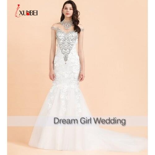 Robe De Mariee 2021 New Long Mermad Wedding Dresses High Neckline Lace Crystal Beads Dresses Mariage Bride Dresses