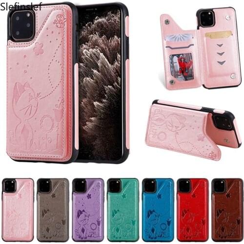 Luxury Leather Card Slot Holder Case For iPhone X Xr XS max 11 Pro Max Cat & Bee Cover For iPhone 6 6s 7 8 Plus Phone Case