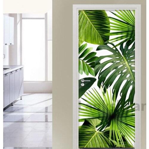 DIY Self-adhesive Waterproof Door Sticker Green Leaf Wall Decals Mural Living Room Kitchen Restaurant PVC Vinyl Door Wallpaper