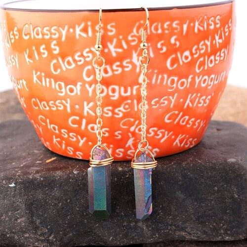 Reiki Raw Hexagonal Colorful Stone Earrings Pendulum Point Charm Rock Crystal Earring Natural Clear Quartz Dangle Earrings