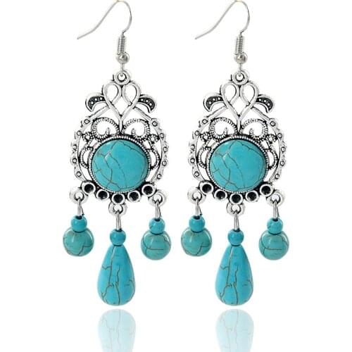 Vintage Turquoises drop Earrings For Women Ethnic Style Ancient Retro Hollow Out Water Long tassel Earring Boucle D'oreille