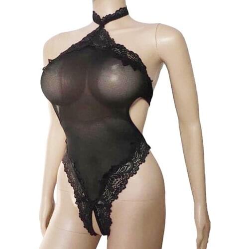 Sexy hot erotic halter open crotch open bottom hollow out badysuit tuansparent lace night teddy valentines day lingerie