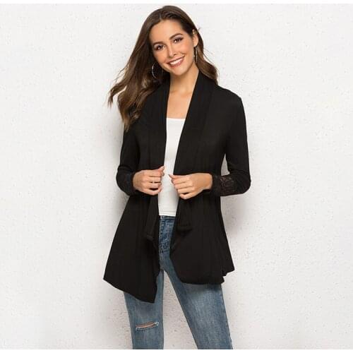 Loose Women Thin Cardigan Asymmetric Hem Long Cardigan Long Sleeve Women Lace Patchwork Outerwear