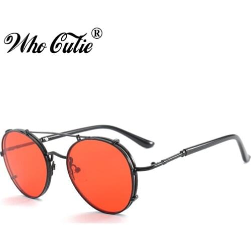 WHO CUTIE 2018 RED LENS Round Steampunk Sunglasses Men Women Metal Frame Circle Clear Lens Retro Punk Sun Glasses Shades OM376
