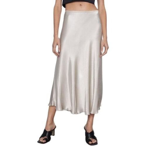 2021 Spring Summer Women Elegant High Waist Satin Skirts Office Lady OL Work Femme A-line Long Shiny Silk Imitation Midi Skirt