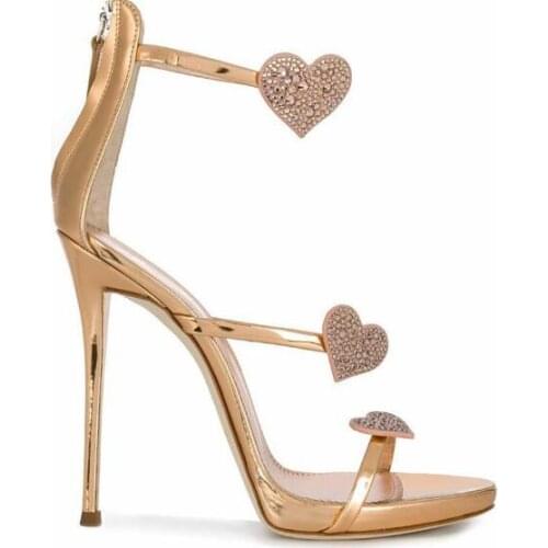 Dipsloot Bling Red Gold Crystal Rhinestone Heart Summer Sandals Women Stiletto Heels Zipper Back Cover Heel Wedding Shoes