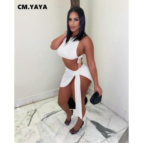 CM.YAYA Ribbed Beach Womens Set Sexy Night Party Clubwear Tie Up Mini Slit Side Skirt Set with Tank Tops Matching 2 Piece Set